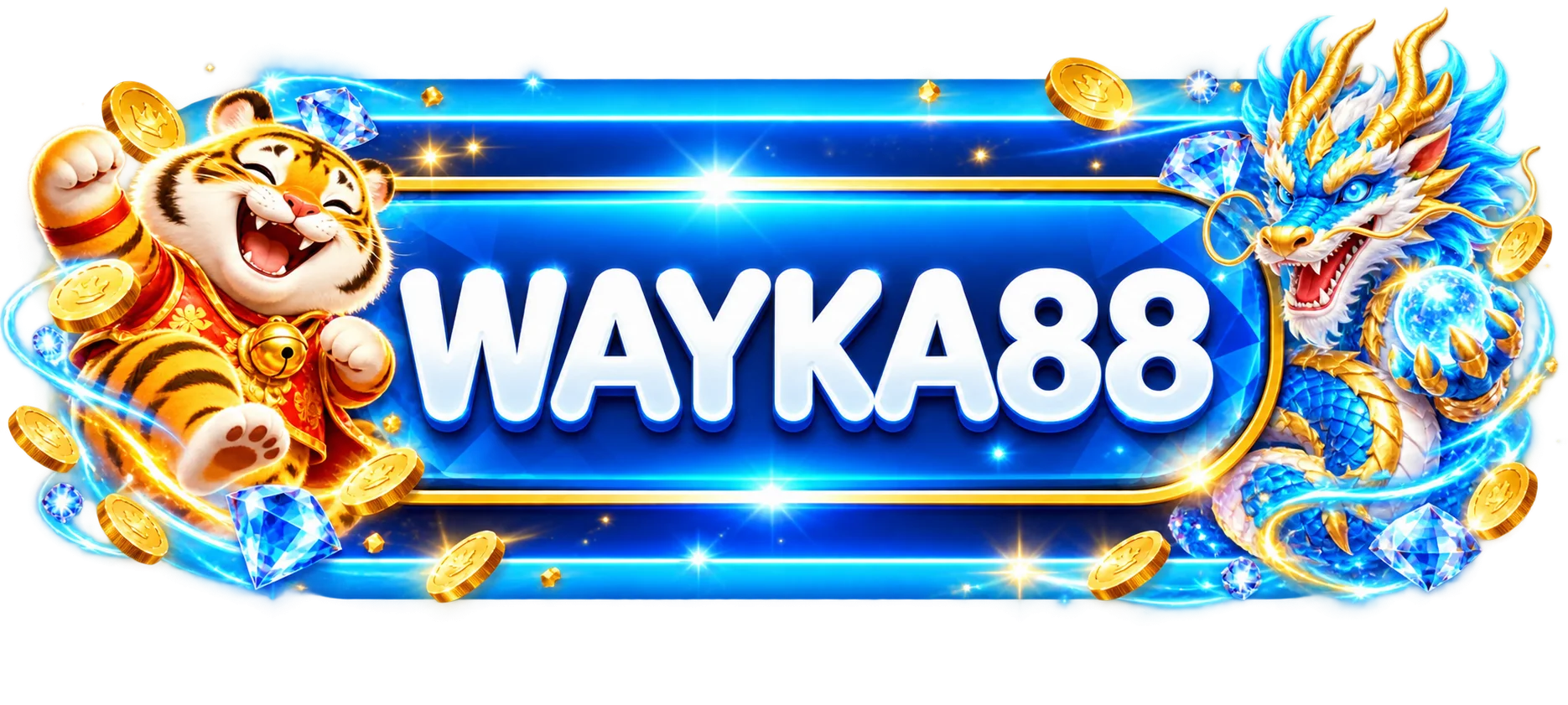ป้ายทางเข้า WAYKA88 พร้อมตัวละครเสือและมังกร